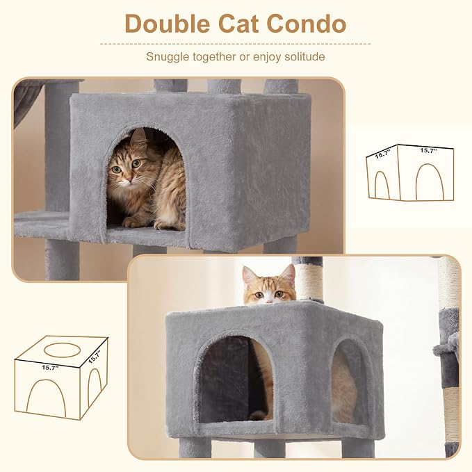 Heybly 68.1" Cat Tree with Oversized Top Platform & Wide Base HCT059W | Heavy Duty Cat Tower for Large Indoor Cats with 2 Condos, 2 Hammocks, 10 Sisal Scratching Posts, Stable Cat House, Light Gray