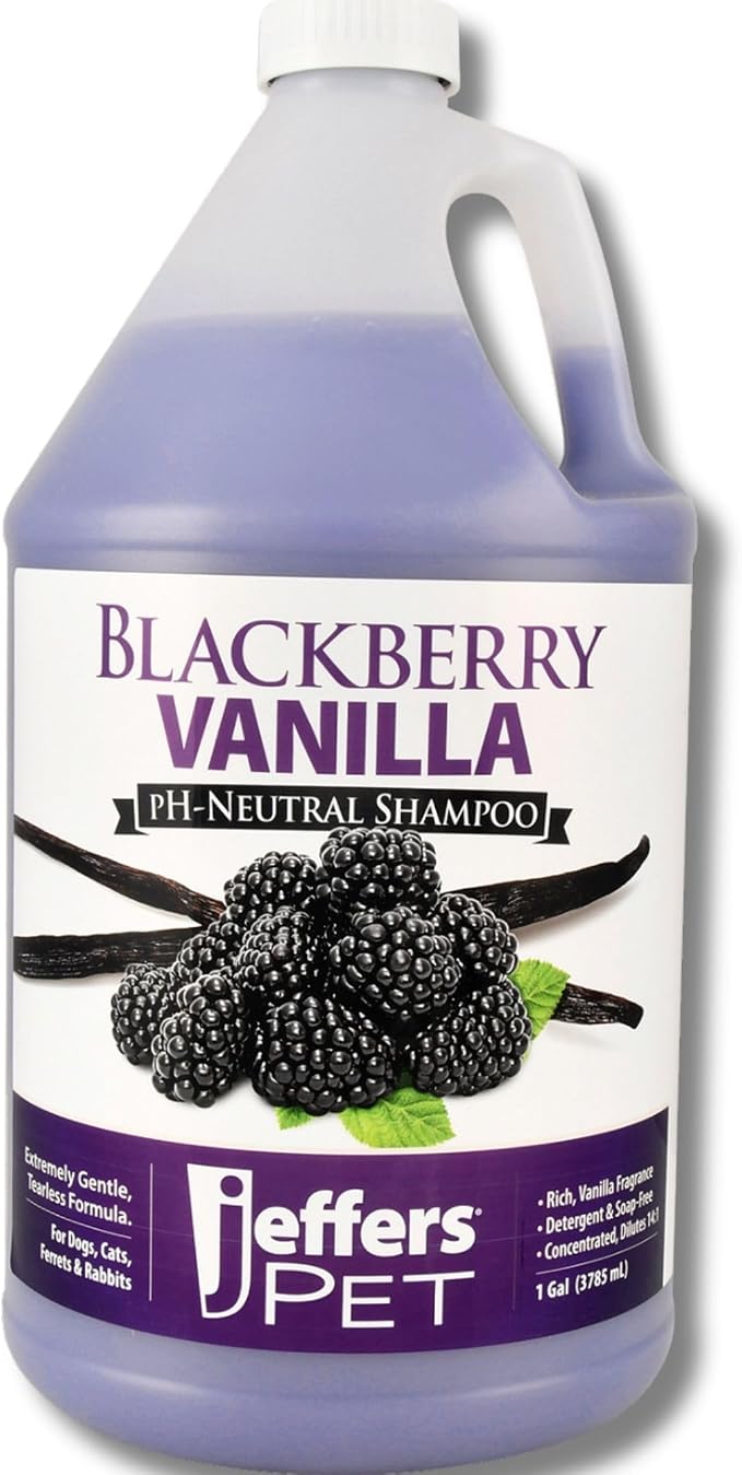Jeffers Pet BlackBerry Vanilla pH-Neutral Shampoo, 128 oz - Soap & Detergent Free, Tearless Pet Grooming Shampoo with Aloe Vera, Coconut Extract, Vitamins A D E, Concentrated Formula, Made in USA