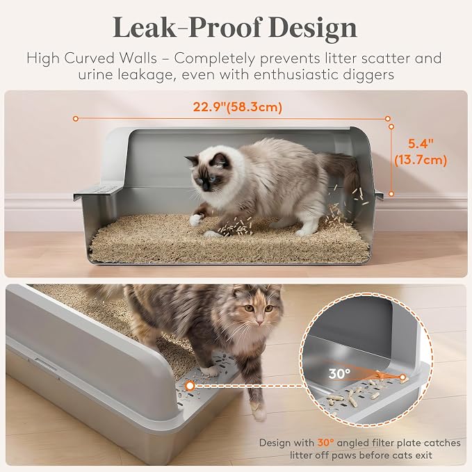 Lifewit Stainless Steel Litter Box, XL Metal Cat Litter Tray with Non-Slip Pads, Anti-Leakage Top Entry and High Sided, Easy to Clean, 22.8"×15"×10.2", Gray