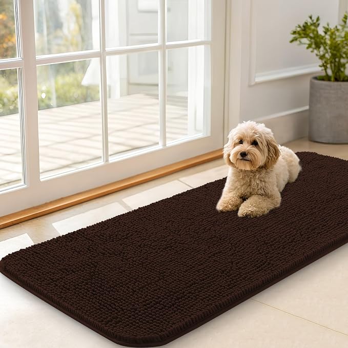 OLANLY Dog Door Mat for Muddy Paws 47x20, Super Absorbent Chenille Mud Mat | Brown, Absorbs Moisture and Dirt, Non-Slip Machine Washable Doormat, Quick-Drying Indoor Entryway Floor Carpet for Dogs