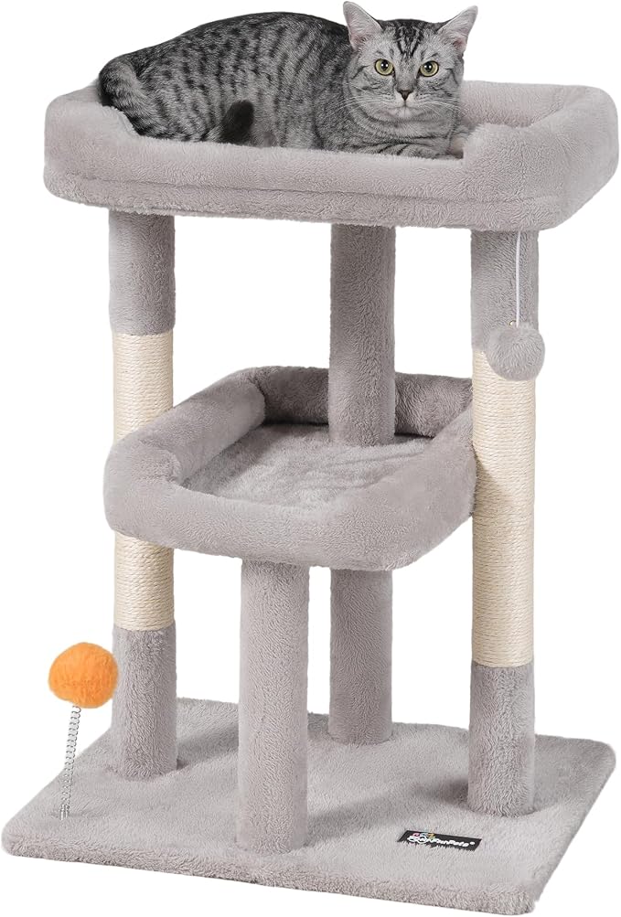 Small Cat Tree, Multi-Level Cat Tree for Indoor Cats, Cat Tower with Scratching Post, Cat Condo for Kittens,Toy Balls, 2 Soft Platform, Light Gray