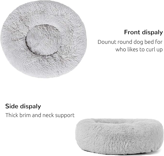 HACHIKITTY Calming Donut Cuddler Dog Bed, Round Fluffy Pet Bed for Small Dogs,Washable, Large, Gray, 24''