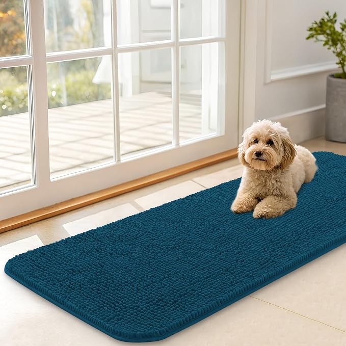 OLANLY Dog Door Mat for Muddy Paws 47x17, Super Absorbent Chenille Mud Mat | Atlantic Blue, Absorbs Moisture and Dirt, Non-Slip Machine Washable Doormat, Quick-Dry Indoor Entryway Floor Carpet for Dogs