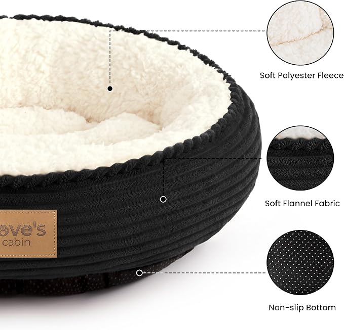 Love's cabin Round Donut Cat and Dog Cushion Bed, 20in Pet Bed for Cats or Small Dogs, Anti-Slip & Water-Resistant Bottom, Super Soft Durable Fabric Pet beds, Washable Luxury Bed Black Stripe