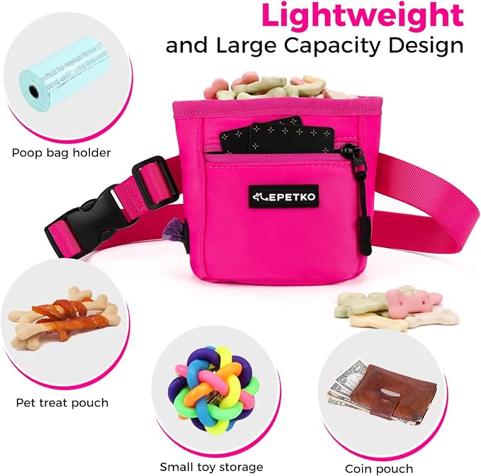 Dog Treat Pouch, Powerful Magnet Closure Device Dog Training Treat Bag Large Capacity Pet Treat Pouch with Poop Bag Dispenser Treat Bag for Dog Training with Metal Waistband Clip (Pink)