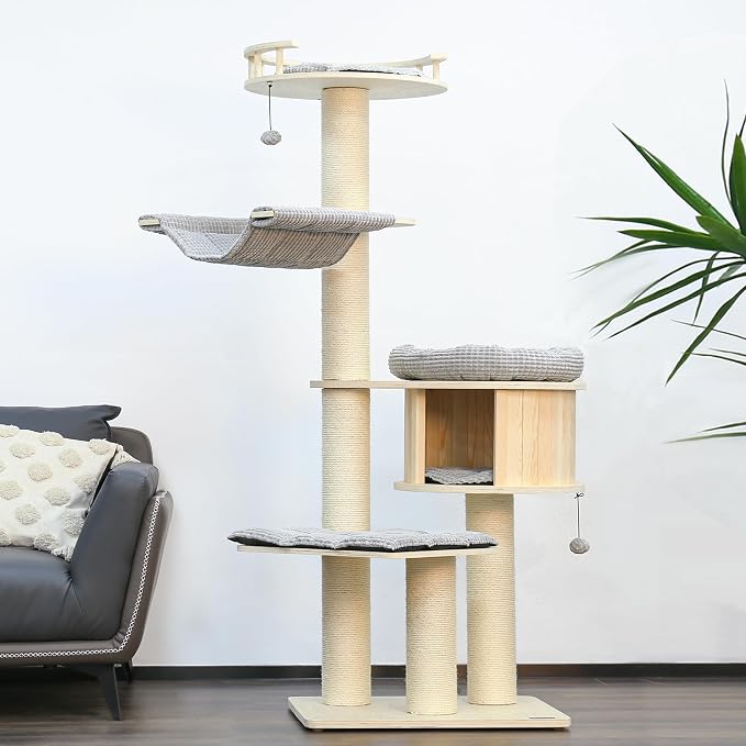 Tall Cat Tree, 68" Large Cat Tower Multi-Level Platforms with Sisal Scratching Posts, Cat Tree for Large Cats 20 lbs Heavy Duty, Cat Condo Furniture for Active Cats, Top Fence Safety