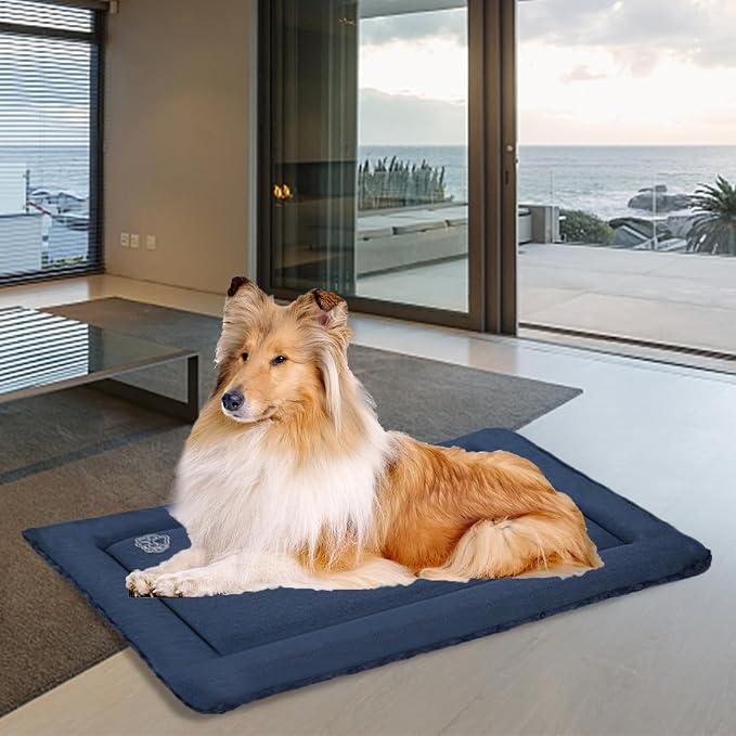 EMPSIGN Dog Crate Pad for 48"x30" Dog Crate, Plush/Canvas Navy | Reversible Kennel Mat (Cool & Warm), Machine Washable, Cozy Plush Sleeping Pad, All-Season Pet Bed