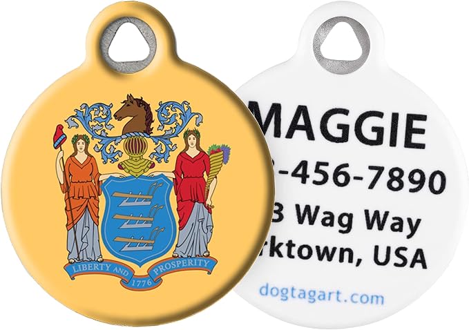 New Jersey Flag Personalized Pet ID Tag for Dogs and Cats, Silent Polymer Coated Stainless Steel New Jerseyan Nametag with Customized Identification Information - Small .875" Diameter