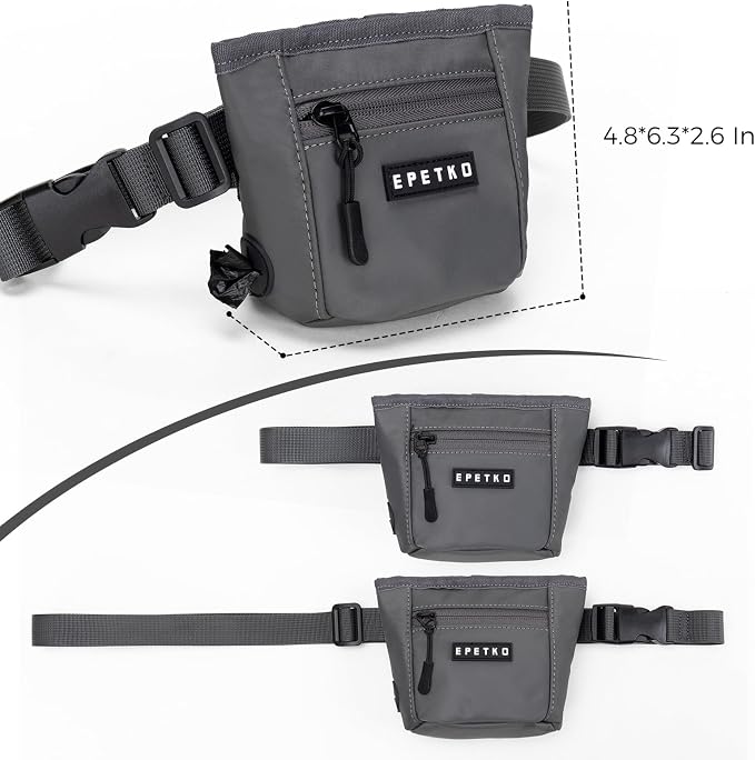 Dog Treat Pouch, Powerful Magnet Closure Device Dog Training Treat Bag Large Capacity Pet Treat Pouch with Poop Bag Dispenser Treat Bag for Dog Training with Metal Waistband Clip (Deep Gray)