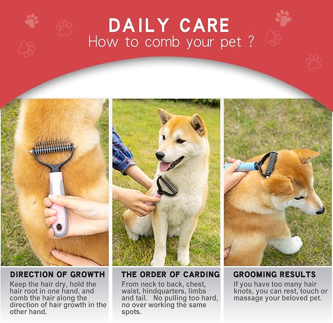 Double-Sided Undercoat Rake for Deshedding & Dematting Pets - Gentle Grooming Glove Kit for Dogs & Cats (Pink, 2 Pack)