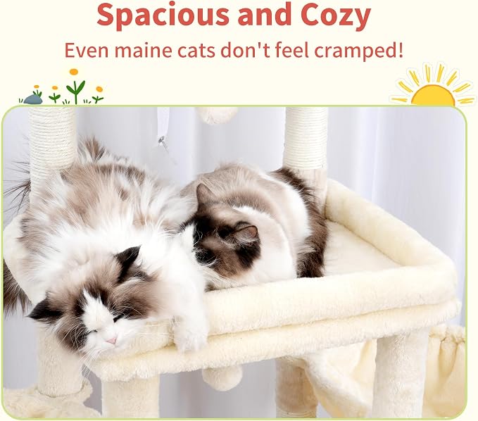 Hey-brother Cat Tree Tower with Extra Large Platform, Big Condo, MPJ070M | 51.1 Inches Scratching Posts with 2 Cozy Hammocks, Self-Grooming Brush for Indoor Adult Cats, Maine Coon, Beige