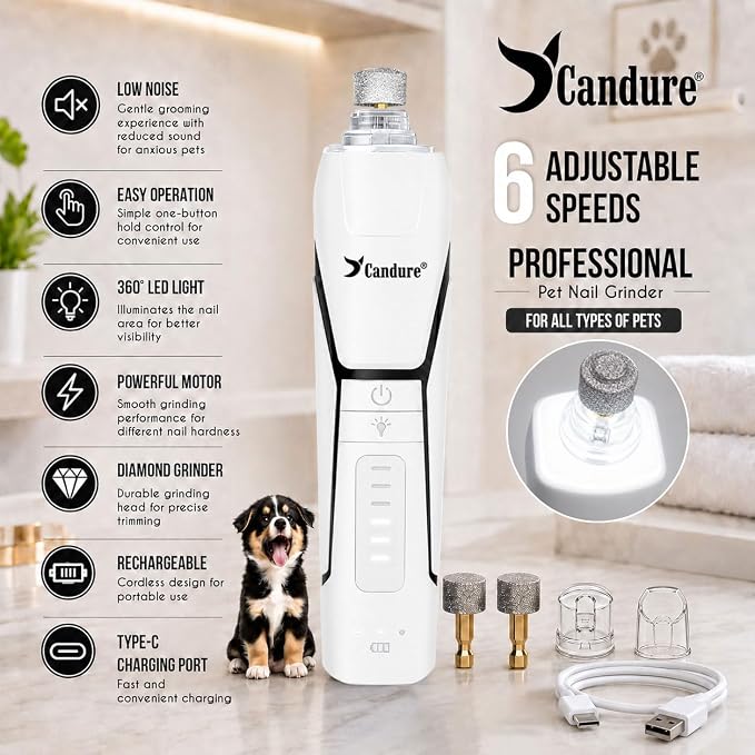 Candure Dog Nail Grinder Upto 6-Speed Dog Nail Trimmer for Large, Medium, Small Dogs, Cats & Pets - Low Noise Rechargeable Dog Claw Grinder with 360° LED Lights & Extra Grinder Head (White)