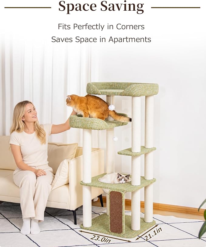 53'' Cat Tree for Large Cat, Modern Senior Friendly Cat Tower with Wide Shelves Low Step, Cotton Scratching Posts, Super Sturdy Base, Cozy Perches, and Interactive Toys (Green)