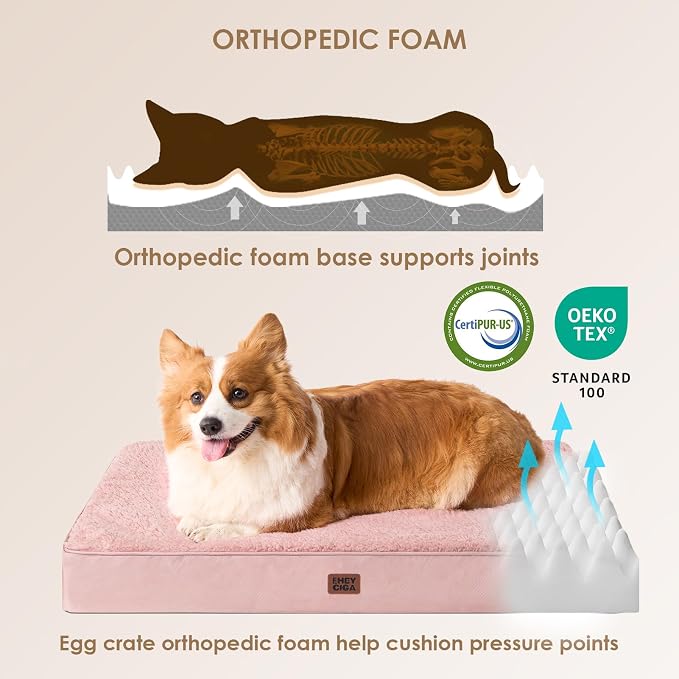 EHEYCIGA Orthopedic Dog Bed Large with Removable Washable Cover, 47IN Pink | Egg Crate Foam Support, Durable Oxford fabric, Non-Slip Bottom, Machine Washable, Soft Waterproof Plush Pet Bed Mat For Crate