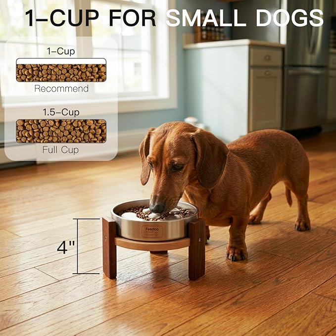 Feedoo Elevated Dog Bowl Stand, 4'' Height Raised Stand for Small Dogs, Includes 1Cup Stainless Steel Slow Feeder Dog Bowl, Durable Solid Hardwood