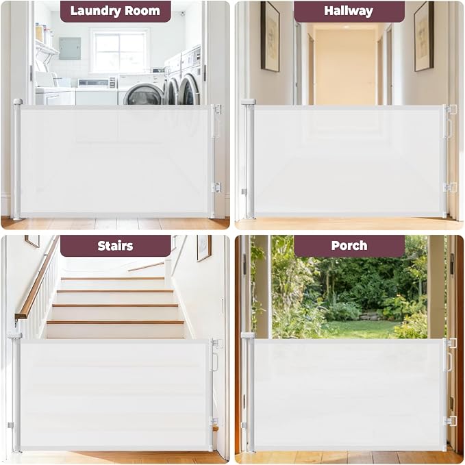 Retractable Baby Gates for Doorways, 58" Extra Wide Mesh Child Dog Gate for Stairs, 34" Tall Toddler Pet Gate Indoor and Outdoor, Easy Install, Home Necessity, White