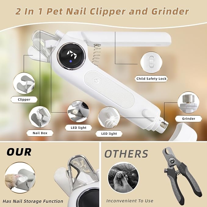 2-in-1 Quiet Electric Pet Nail Clipper & Grinder with Light for Dogs Cats | 3-Speed Grinding, Nail Catcher, Safety Guard, Low-Noise Motor, USB Rechargeable Design for Stress-Free Home Grooming