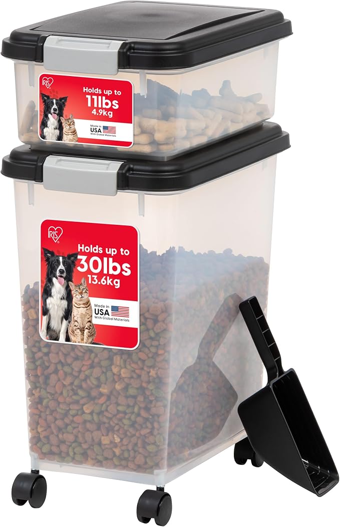 IRIS USA 30 lb + 11 lb Airtight Pet Food Storage Containers with Wheels | Stackable Pet Food Plastic Storage Bins with Wheels for Cat and Dog Food, Made in USA