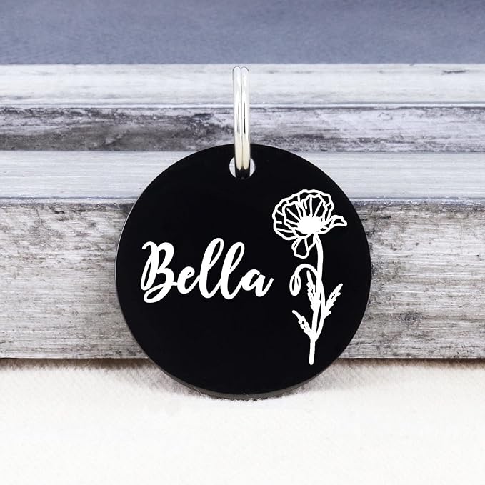 Ultra Joys Personalized Dog Tags for Pets - Durable Stainless Steel Customizable Dog Cat ID Tags - Dog Tags for Safety Optional Engraved on Both Sides -Birth Flower Round Dog Tag Small, Black