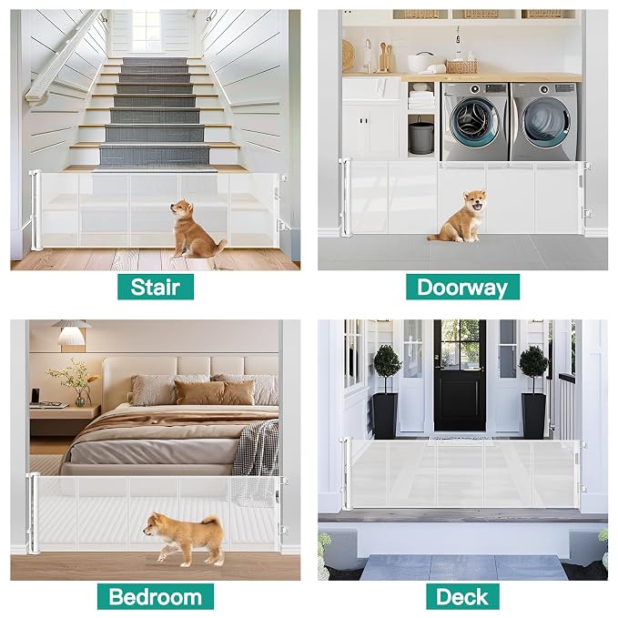 20 Inch Tall x 80 Inch Extra Wide Retractable Dog Gate for Large Openings, Easily Step Over Pet Gate, Short Dog Gate for Doorways Small Puppy Gate for Stairs Reinforced Mesh Gates Doggie Gates (White)