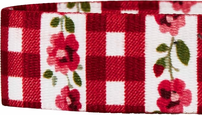 Blueberry Pet Spring Scent Inspired Dainty Flower Dog Collar, Red Check, Adjustable Dog Collar for Medium Dogs, Size Medium, Neck 14.5-20"