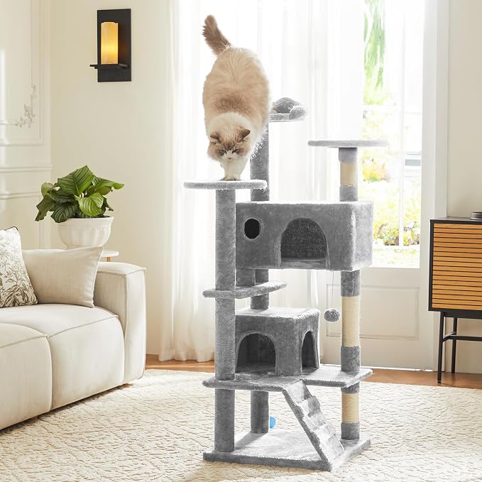 DUMOS 54 Inch Cat Tree Tower with Scratching Posts | Indoor Multi-Level Pet House for Large Cats with 2 Condos, Round Platform, Small Ladder and Toys, Light Grey