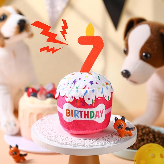 Dansydaisy Dog Birthday Cake Toy Squeaky Plush Toy for Girl Boy Gifts, Chew Accessories for Dog Birthday Party Decor Favor for Large, Medium and Small Dogs(7th,Pink)