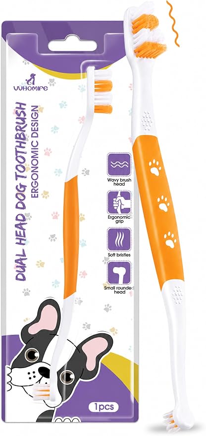 Dog Toothbrush, Dual-Head, for Medium-Large Dogs, Orange | Soft Bristles for Gentle Cleaning, 60° Curved Bristles for Better Coverage, Comfortable for Sensitive Gums