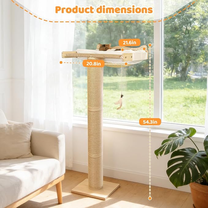 Cat Window Perch Hammock with 3-Piece Detachable Roman Column Sisal Scratching Posts, White Fluffy Cusion, Drill-Free Suction Cup Mount, Extra Large for Large Cats & Maine Coons, 60 LBS Capacity