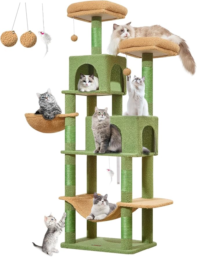 Taoqimiao Cactus Cat Tree, 67 in Tall Cat Tower with 2 Plush Cat Condos | 7 Scratching Posts, 2 Top Perches, Cozy Hammock & Basket, Indoor Cats, 2 Pompoms & Mouse Toy, MS013T