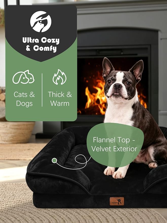 Spotted Play Orthopedic Dog Bed with Sides - Sofa Beds for Small Dogs, Supportive Foam Pet Couch Bed with Washable Removable Cover, Waterproof Lining and Non-Slip Bottom, Black - S