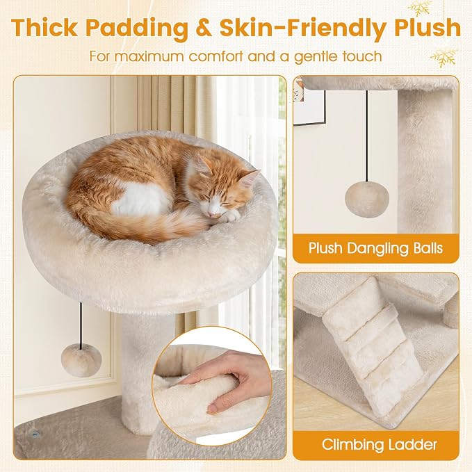 52-inch Cat Tree, Multi-Level Cat Tower with Sisal Scratching Posts, 2 Comfy Condos, Plush Padded Soft Top Perch, Dangling Balls, and Climbing Ladder, Ideal for Indoor Cats (Beige)