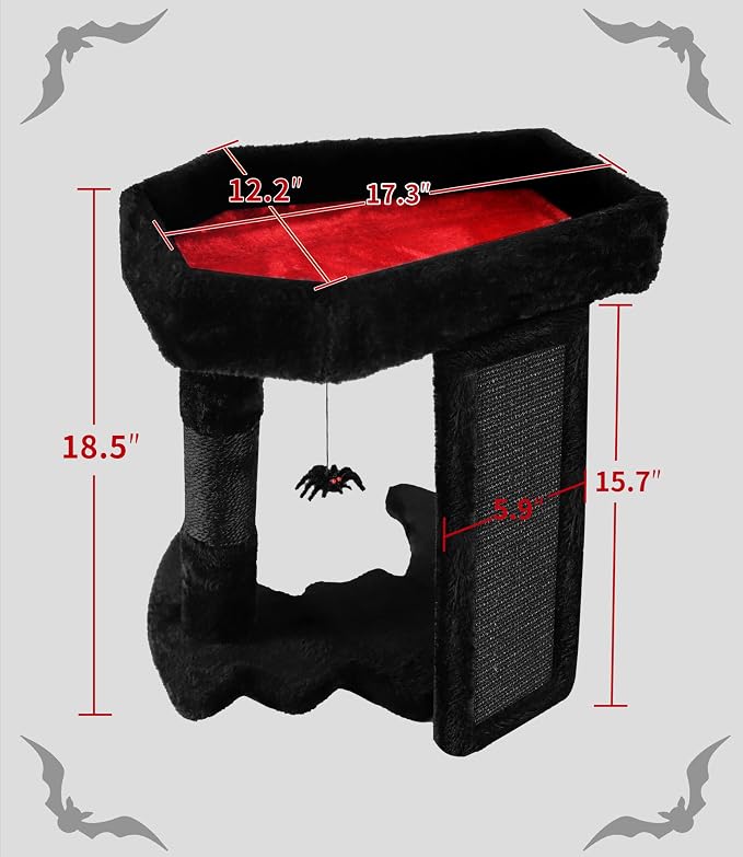 Gothic Cat Tree Tower with Coffin Cat Bed for Indoor Cats, Halloween Spooky Cat Scratcher,Goth Cat Tree with Sisal Scratchig Post and Spider Dangling Toys,Black with Red