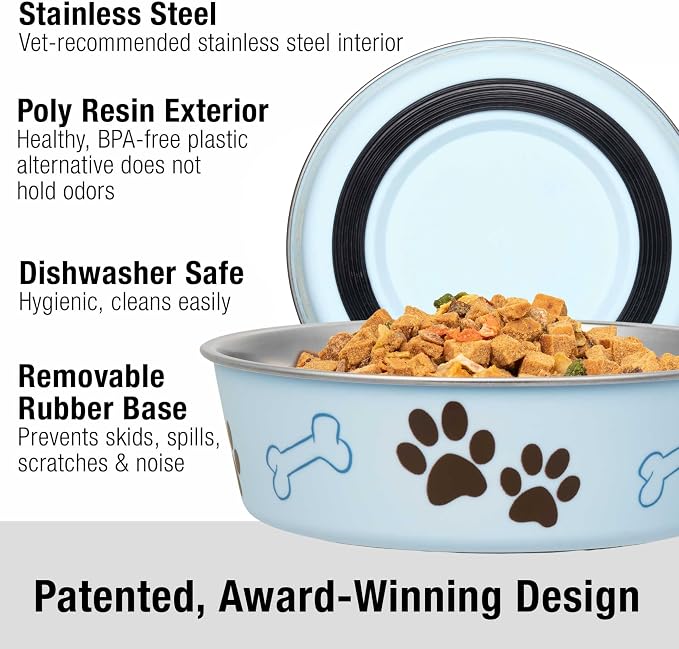 Loving Pets Bella Dog Bowls- Stainless Steel Dog & Cat Bowls - Spill Proof Dog Food Bowl, Cat Bowl, Puppy Essentials & Pet Supplies Great for Home & Travel (X-Large 65-100lbs, Murano Blue)