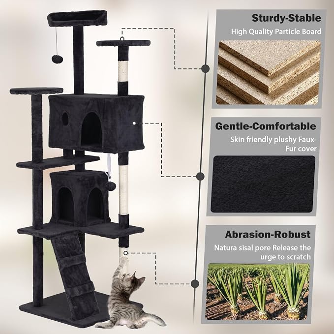 Heavy Duty Cat Tree Tower, 70" Tall Cat Tower for Indoor Cats with Cat Scratching Post with Bed, Cat Condo, Hanging Ball, Multi-Level Cat Climbing Tower Cat Trees Furniture Activity Center, Dark Grey