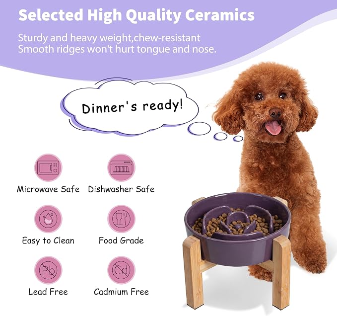 Elevated Slow Feeder Dog Bowl - Ceramic Maze Food Dish with Bamboo Stand - Raised Feeding Bowl for Fast Eaters - Ideal for Small and Medium Dogs - Purple - 6.7 inch