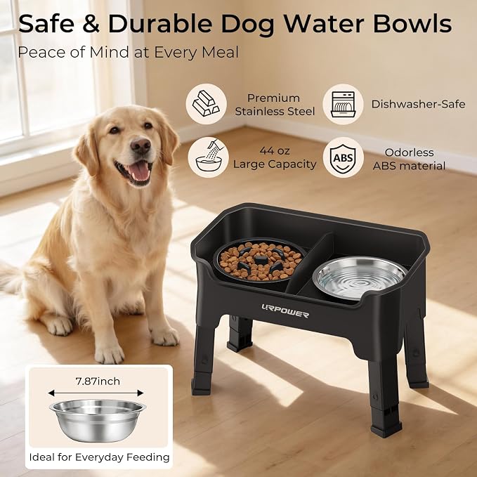URPOWER Mess Proof Elevated Dog Bowls, High Wall Splash Guard Design, 4 Height Adjustable Raised Bowl Stand with Stainless Steel & Slow Feeder Bowl, Non-Slip Food Water Set for Small Medium Large Dogs