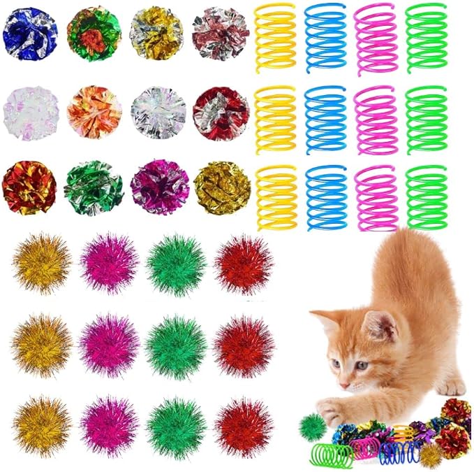 36 PCS Cat Crinkle Balls Toy and Cat Spring Toy, 12 Pcs Mylar Crinkle Ball, 12 Pcs Cat Spiral Spring, 12Pcs Sparkle Balls Tinsel poms, for Cats Kittens Playing Interacting