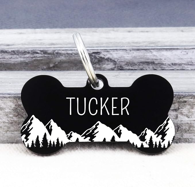 Ultra Joys Stainless Steel Pet ID Tag Dog Name Tags Personalized Front and Back Engraving, Customized Dog Tags and Cat Tag, Optional Engraved on Both Sides, Bone Tag with Mountain Design, Large