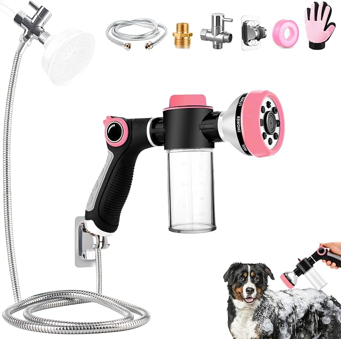 Dog Shower Attachment with 6.6FT Shower Hose, 8 Sprayer Modes Dog Washing Hose Attachment for Bathroom & Bathtub, Outdoor Use Dog Washing Kit with Pet Grooming Glove Shampoo Dispenser and Holder