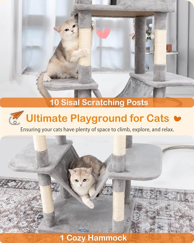 Cat Tree, 81-Inch Tall Cat Tower with Scratching Post, Plush Multi-Level Cat Condo with 2 Perches, 2 Caves, 2 Basket, Hammock for Indoor Cats Light Grey