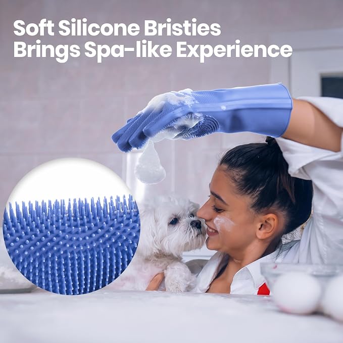 DELOMO Large Silicone Pet Grooming Gloves Dog Washing Gloves, 1 Pair Blue | 3000 Soft Silicone Bristles, 5-Finger Flexible, Massages & Removes Fur, Non-Slip, Easy Clean, for Dogs/Cats/Horses