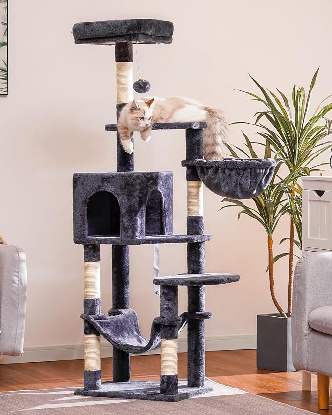 Hey-brother Cat Tree, Multi-Level Sisal Covered Scratching Posts, MPJ050G | 60.6 Inches Tower with Condo, Large Hammock, Top Perch, Toy Ball for Indoor Multi-Cats Households, Smoky Gray