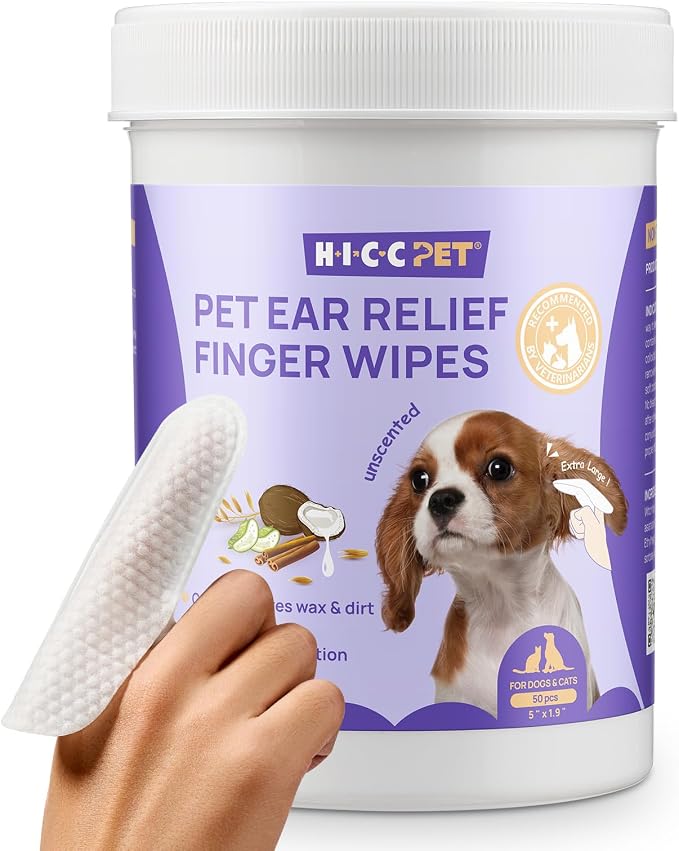 HICC PET Ear Cleaner Finger Wipes for Dogs & Cats, Clean Wax, Dirt & Odor, Soothing Itchy Ears, Gentle and Hypoallergenic Ear Cleaning Wipes for Daily Care(Unscented)