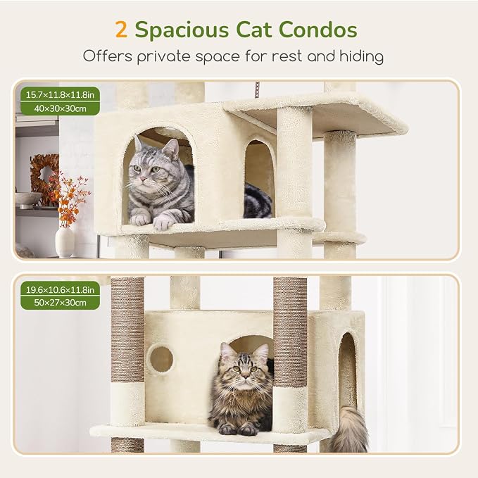 Globlazer F74B Cat Tree for Indoor Cats Large Adult, Multi-Cat, Beige | Easy Setup, 74in Tall Tower, Oversized Top Perch, 2 Large Condos, Hanging Basket, 5 Sisal Scratching Posts, Anti-Topple Strap
