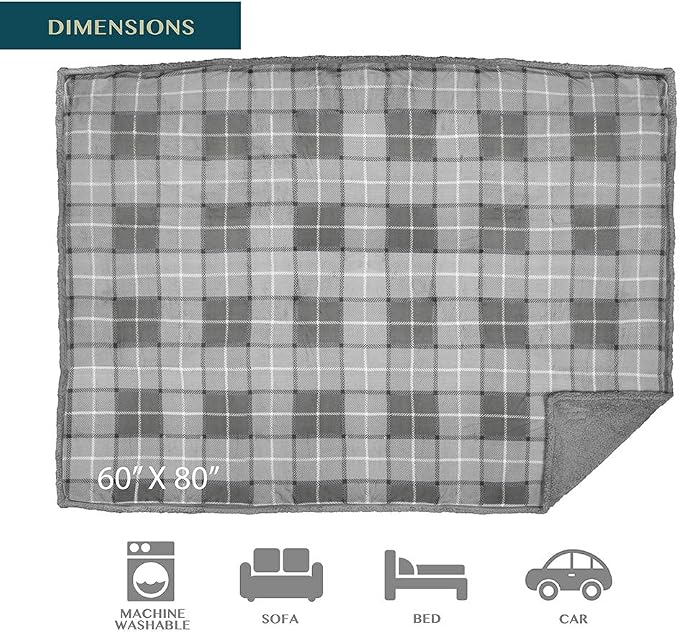 PAVILIA Waterproof Blanket for Couch, Sofa | Waterproof Dog Blanket for Large Dog, Puppy, Cat | Pet Blanket Protector | Plush Soft Warm Fuzzy Sherpa Blanket Bed Throw, Plaid Light Grey, 60x80