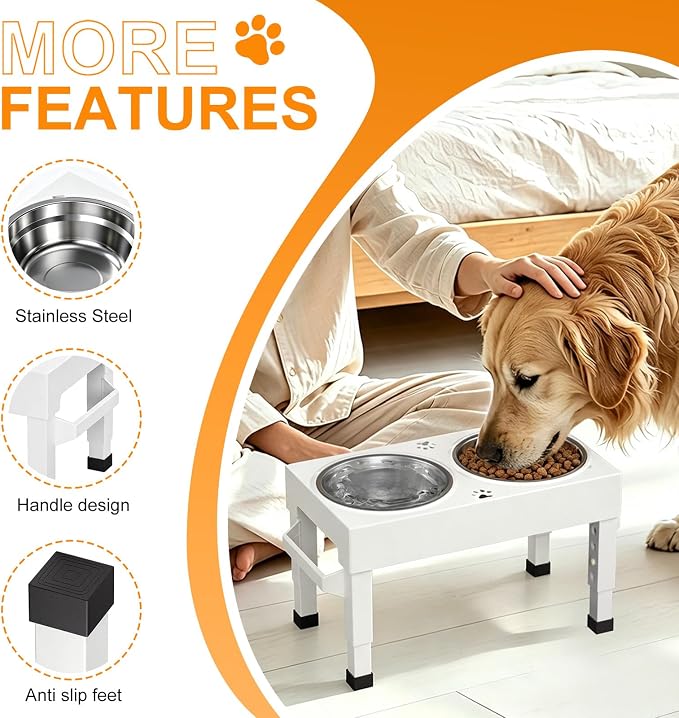 Elevated Dog Bowls Stand Large Breed, Height Adjustable Raised Dog Bowls Holder with 2 Stainless Steel Food Bowls for Small, Medium and Large Canine，White