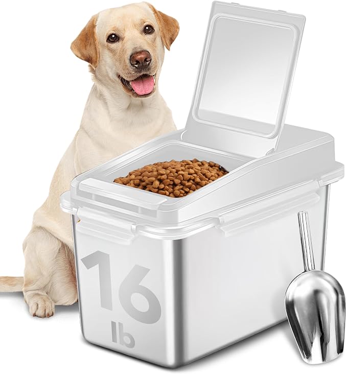 Newget 11 lb Stainless Steel Dog Food Storage Container with Scoop, White | Keep Food Fresh, Sturdy, Airtight, Rust-Proof, Insect-Proof, Moisture-Proof, Easy to Use, Suitable for Store All Pet Food