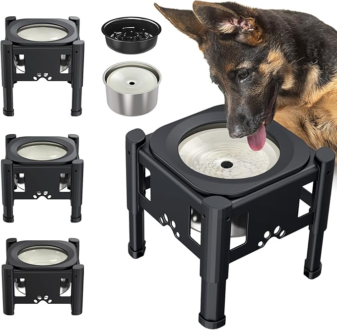 Lewondr Elevated Dog Water Bowl No Spill with 3 Heights Adjustable Stand | Water & Slow Feeder Bowls, Adjustable Dog Slow Feeder Bowl Non-Slip Dog Bowl Stand for Medium Large Breed