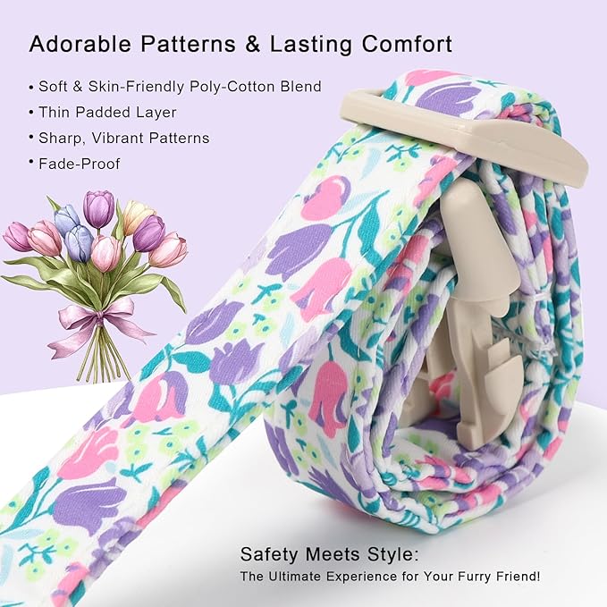 Floral Dog Collar for Large Dogs - Pink Purple Tulips Print Dog Collars, Spring Summer Cute Flower Puppy Collar, Lightweight Adjustable April Holiday Boy Girl Dogs Collars XL